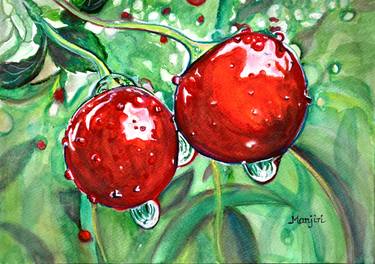 Red ripe Cherries in the orchard watercolor painting thumb