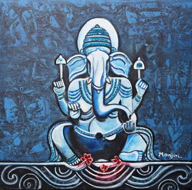 Vignaharta Ganesha Hindu god blue painting on canvas gift art thumb