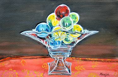 Still life christmas baubles in glass vase watercolor painting thumb