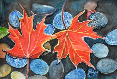 Fall Autumn Leaves on pebbles watercolor landscape art thumb