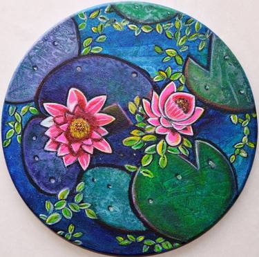 Waterlily pond floral textured acrylic painting on round canvas thumb