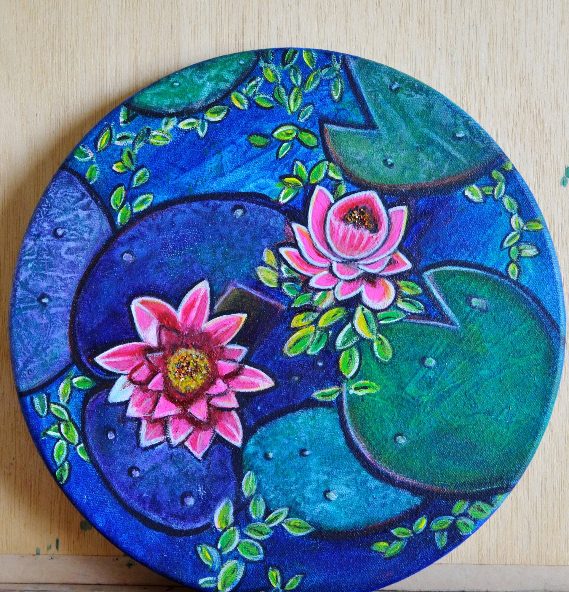 Waterlily pond floral textured acrylic painting on round canvas