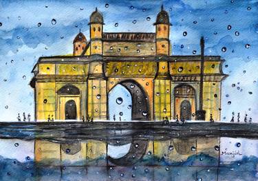 Gateway of India rainy watercolor landscape painting thumb