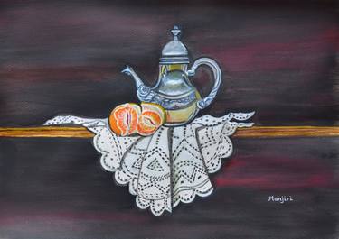 Still life with orange and teapot on lace thumb