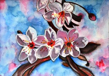 Sakura flowers Japanese cherry blossom watercolor painting on sale thumb