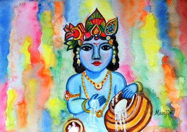 Natkhat Bal Krishna colorful watercolor on sale thumb