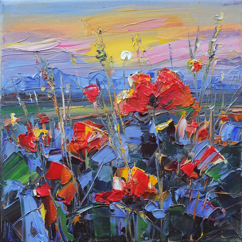 Original Landscape Painting by Liubov Kvashnina | Abstract Art on Canvas | Sunset in the meadow
