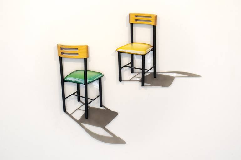 Two chairs conversing. Yellow and green. - Print