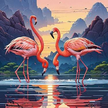 Flamingos wading at sunset thumb