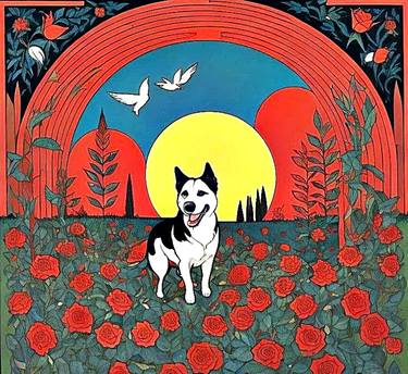 Dog among Roses at sunset thumb