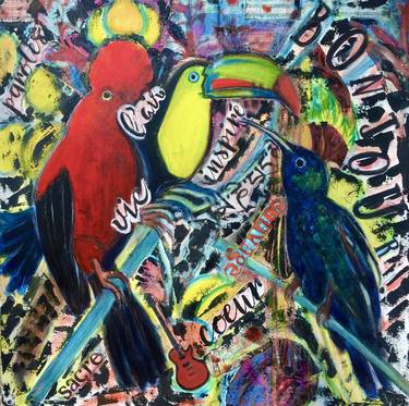 Toucan, scarlet macaw and hummingbirds thumb