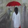 Strolling confidently along this city street she makes her way to her favorite coffee shop. Attached to style and image she is aware of the impression she makes and her bag has to match the red umbrella exactly. Oil on canvas.
