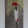Strolling confidently along this city street she makes her way to her favorite coffee shop. Attached to style and image she is aware of the impression she makes and her bag has to match the red umbrella exactly. Oil on canvas.