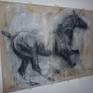 Expressive drawing of a horse running on the reverse side of unstretched canvas using a mix of charcoal, gesso and woodstain..  One of my passions is drawing/painting horses, particularly showing movement.  Please note that there isn't enough space around this drawing to stretch it onto wooden support, so would suggest it's framed behind glass.