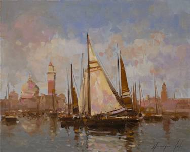 Sail Boats -Venice Oil Painting Signed Architecture & Cityscape thumb