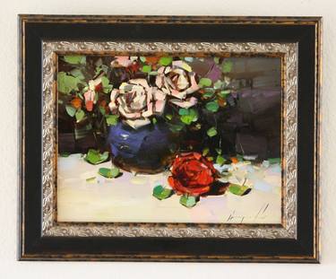 Vase of Roses Original oil painting One of a kind Handmade art Gallery quality thumb