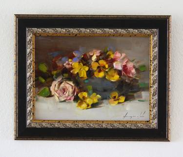 Pansies and roses Handmade oil Painting One of a kind Ready to hang thumb