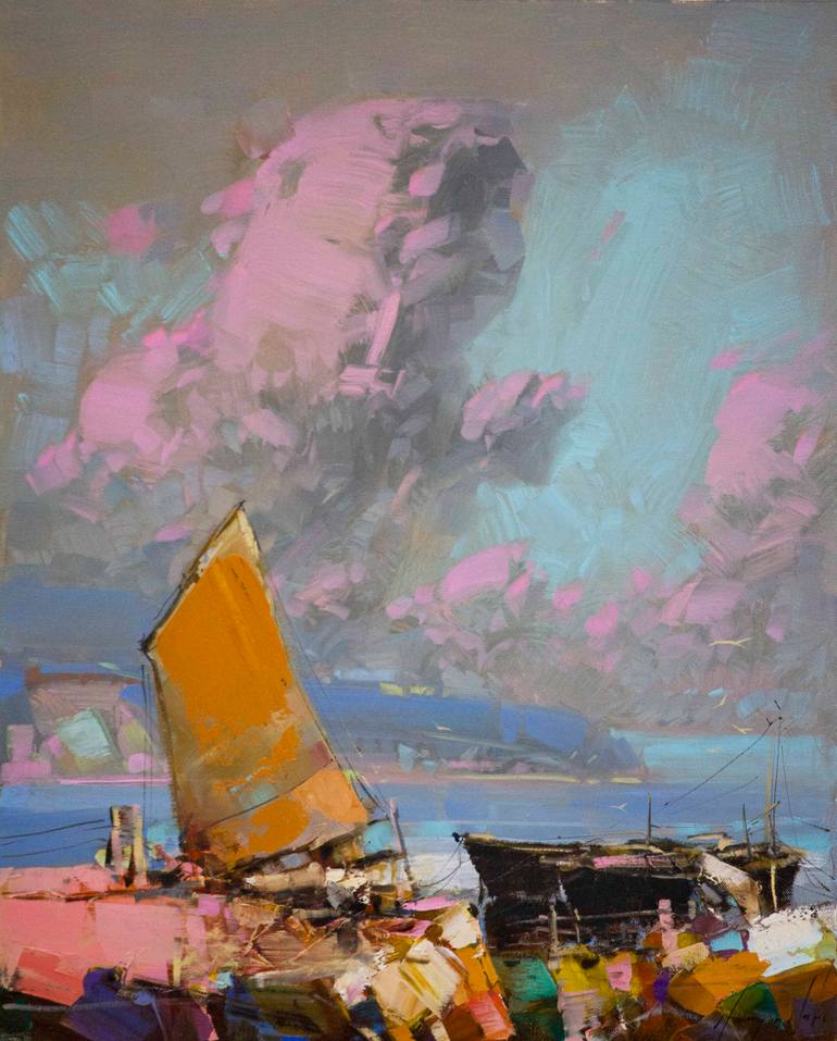 Sail Boats Harbor Oil painting on Canvas One of a kind Signed