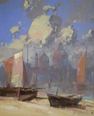 Venice Sail Boats Harbor Oil painting on Canvas One of a kind Signed Certificate of Authenticity thumb