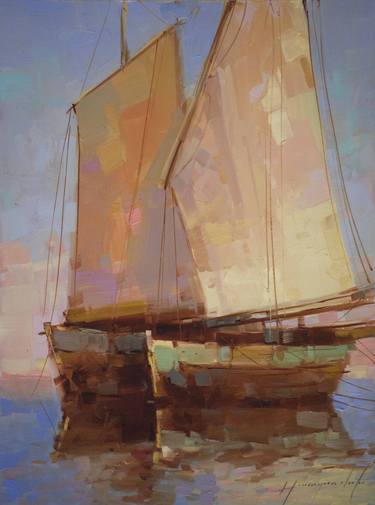 Sail Boats Harbor Oil painting One of a kind Signed Certificate of Authenticity thumb