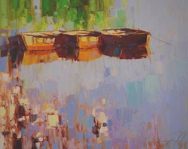 Rowboats on the Lakeside Oil Painting on Canvas Handmade Original artwork thumb