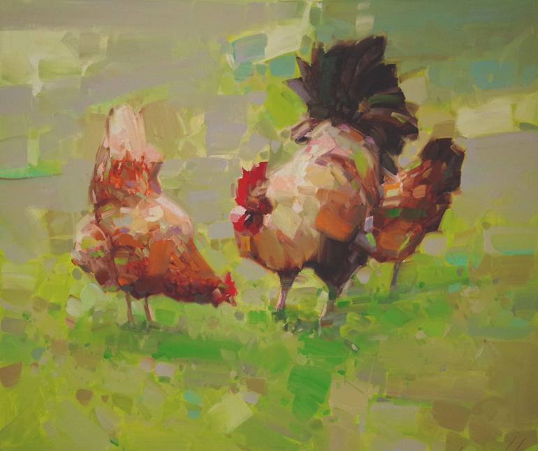 Hens Original oil Painting on Canvas Signed with Certificate of