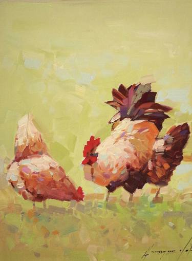Hens, Birds, Animals, Original oil Painting, Traditional art, One of a Kind, Impressionism thumb