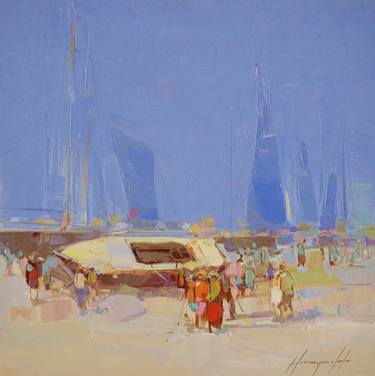 Harbor, Original oil Painting, Impressionism, Painting by Palette knife, One of a Kind thumb