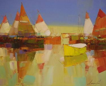 Sail Boats, abstract oil painting, handmade by palette knife, signed thumb