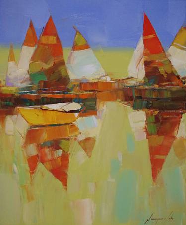 Sail Boats, Abstract original oil painting, palette knife art, thumb