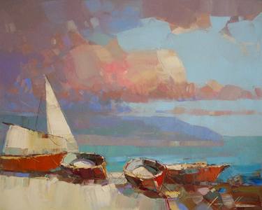 Boats on the Shore, Original oil Painting, One of a kind thumb