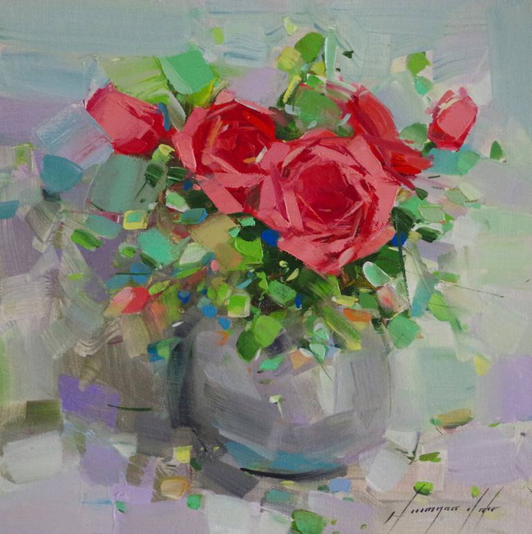 Vase of Roses, Original oil painting in handmade, Signed Painting by ...
