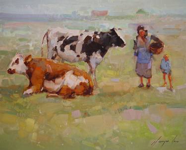 Cows in the Meadow, Oil painting, One of a Kind thumb