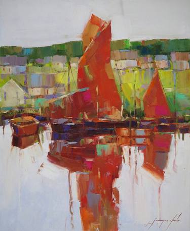 Sail Boats, handmade artwork by Palette Knife, Signed thumb