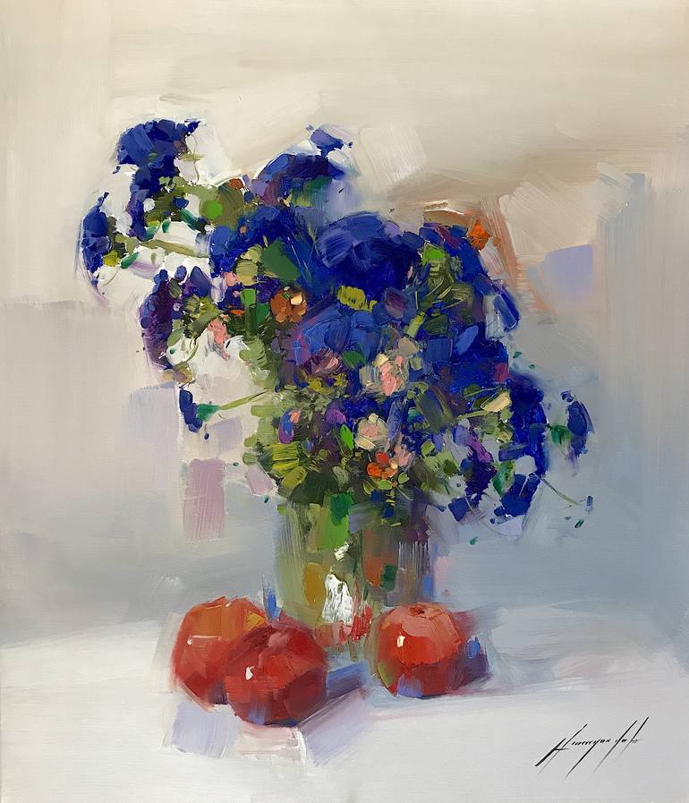 Vase of Blue Flowers, Oil painting on canvas, One of a kind Painting by ...