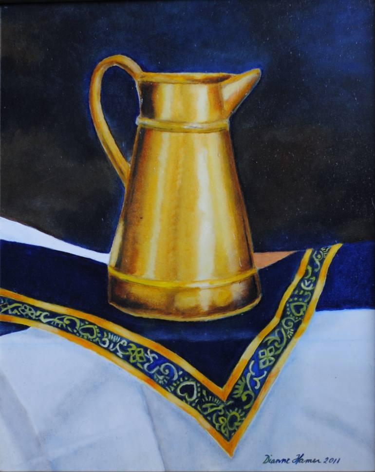 Copper vase on a blue velvet cloth Painting by Dianne Hamer