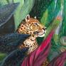 Jungle is so rich in Color, texture, form and motif!
Love feline! They are strong and elegant.

This acrylic painting is ready to hang. The wood panel sides are painted a deep green.