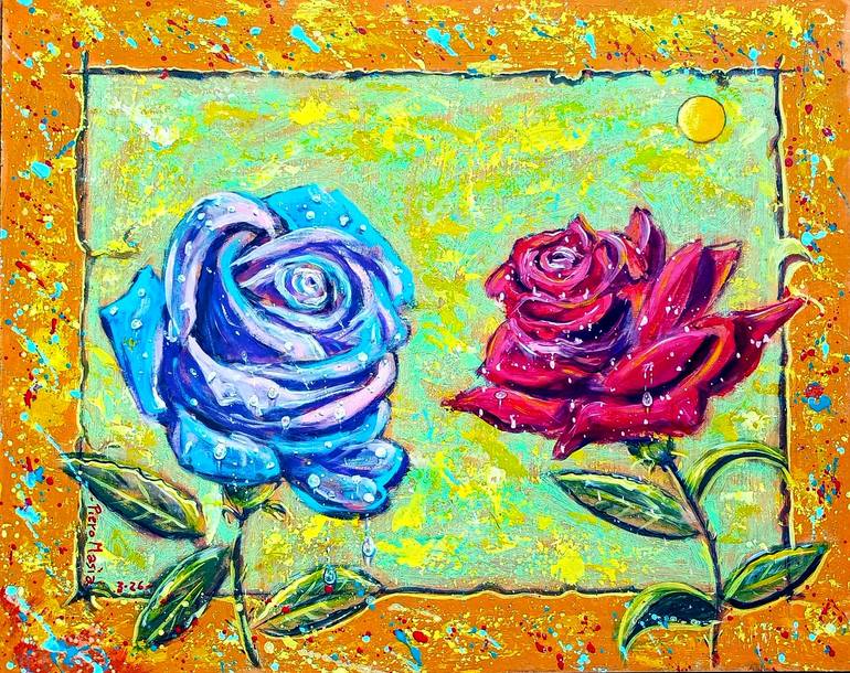 Original Still Life Painting by Piero Masia | Figurative Art on Wood | Red and blue roses