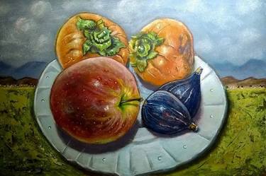 still life with apple, figs, khaki thumb