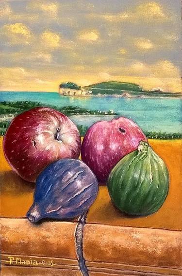 Silent nature with apples and figs with background Baia delle Ninfe (Alghero) thumb