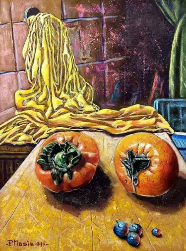 "PERSIMMONS WITH YELLOW DRAPE AND GRAPES" (CACHI CON DRAPPO GIALLO ED ACINI D'UVA) thumb