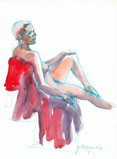 Q is for Quiet Watercolor Female Nude thumb
