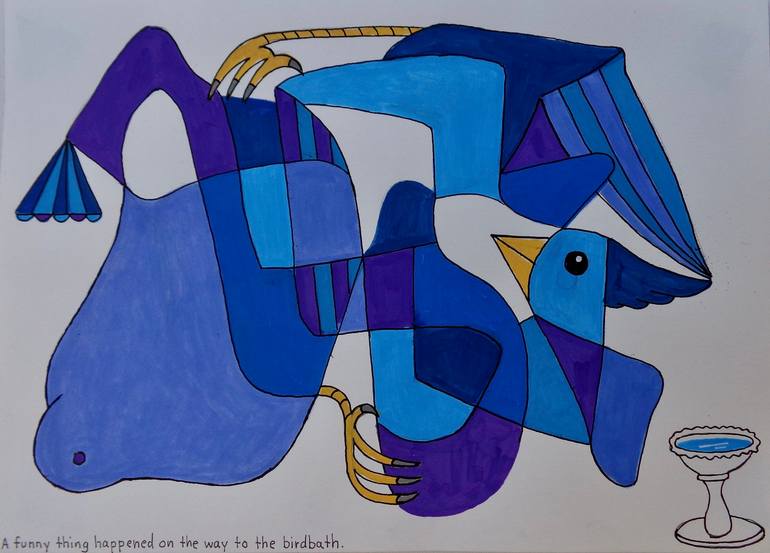 Original Fantasy Painting by Daniel Genova | Contemporary Art on Paper | A funny thing happened on the way to the birdbath.