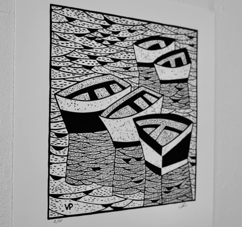 Original Black & White Boat Printmaking by Vadim Puyandaev