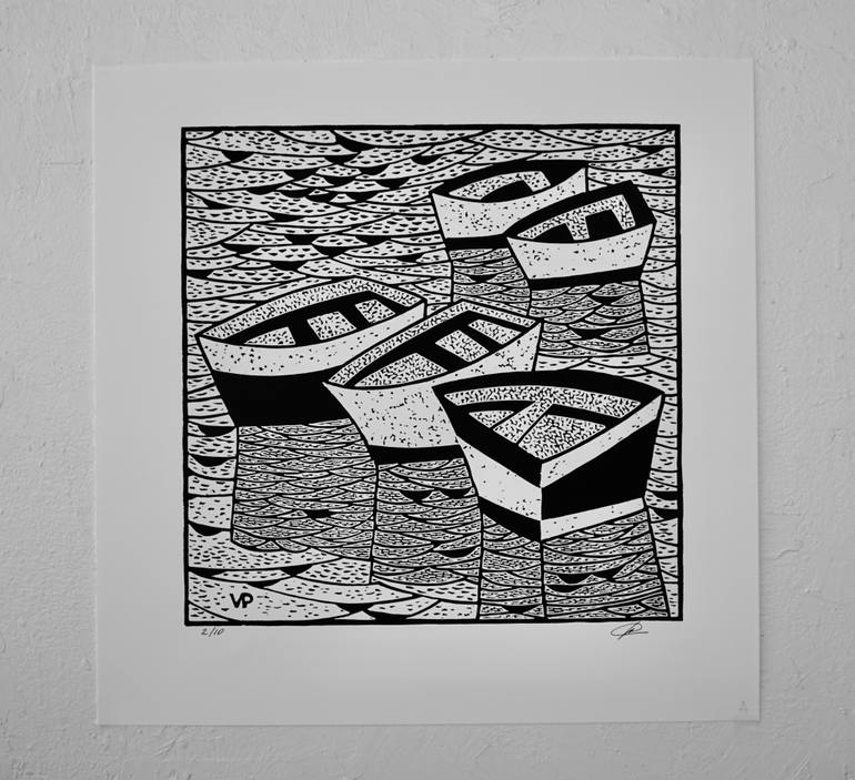 Original Black & White Boat Printmaking by Vadim Puyandaev