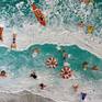 This is an aerial view painting of lots of happy swimmers, surfers and sunbathers at a beautiful beach. Each little person is hand sculpted on the canvas to create a very unique 3d effect.
