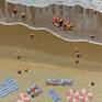 This is an aerial view painting of lots of happy swimmers, surfers and sunbathers at a beautiful beach. Each little person is hand sculpted on the canvas to create a very unique 3d effect.