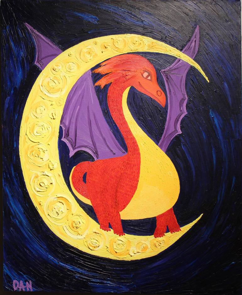 Dragon sitting on the Moon Painting by Maryna Danylovych | Saatchi Art