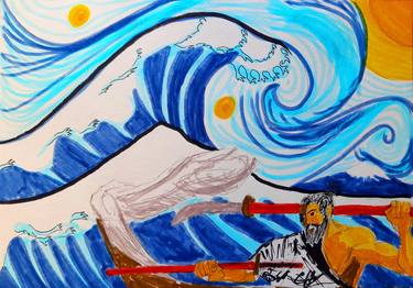 David, facing the waves of kanagawa on a starry night thumb