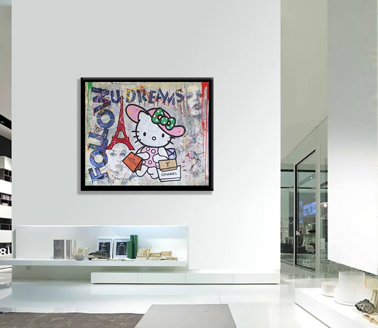 Hello Kitty-Hermes-Chanel-Louis V- Original Painting on Canvas Painting by  GARDANI ART